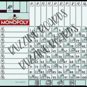 Monopoly 10x10 Grid, Bingo Board, 20 Spieler, 1 PDF Datei, 8,5 x 11 Zoll, 100 Kugeln, Vollfarbiges Bingo Sheet, druckbar