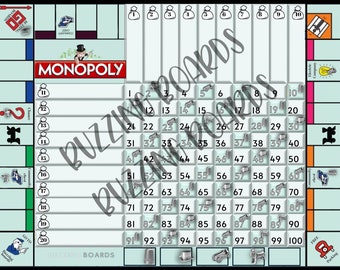 Monopoly 10x10 Grid, Bingo Board, 20 players, 1 PDF File, 8.5 x 11 inches, 100 balls, Full Color Bingo Sheet, Printable