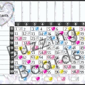 Crystal Hearts 10x10 Grid, Bingo Board, 20 players, 1 PDF File, 8.5 x 11 inches, 100 balls, Full Color Bingo Sheet, Printable
