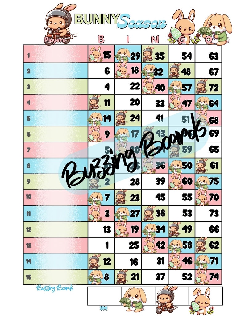 Five Easter Bingo Board Bundle 15 Lines 1-75 Balls 10 PDF mixed and straight 8.5 x 11 inches, Printable, Cute Easter Eggs Theme image 2
