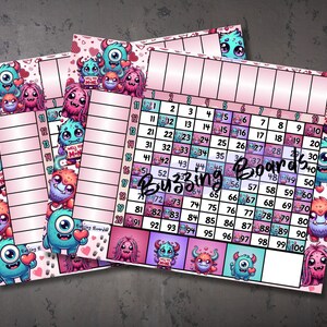 Monster Love Bingo Board, 10x10 Grid, 20 players, 2 PDF Files (Straight and Mixed), 11 x 8.5 inches, Landscape Printable, Valentines Theme