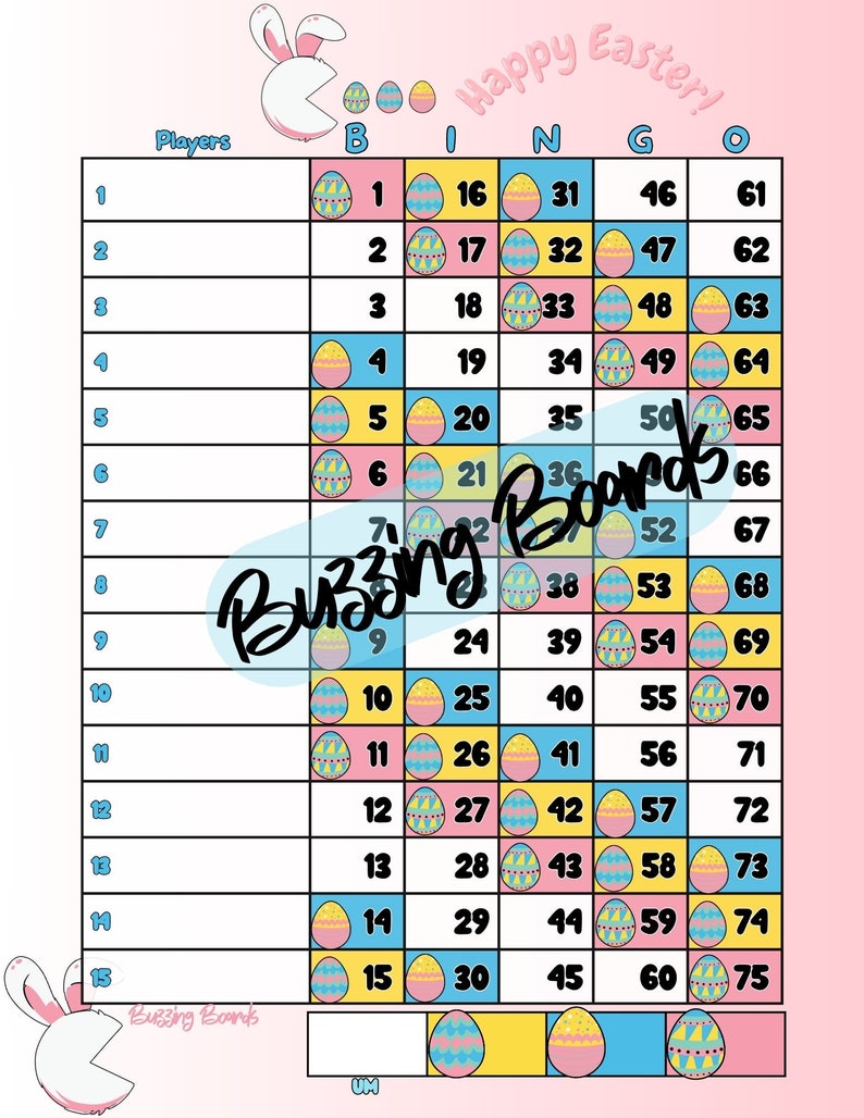 Five Easter Bingo Board Bundle 15 Lines 1-75 Balls 10 PDF mixed and straight 8.5 x 11 inches, Printable, Cute Easter Eggs Theme image 4