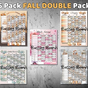 Lot de cinq planches de bingo automne - double (1-75 boules) 5 fichiers PDF (double action) 8,5 x 11 pouces, imprimable, thème automne, cartes de bingo automne