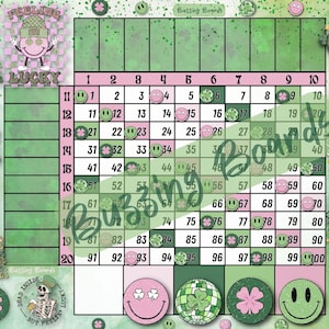 Op de afbeelding: Een groene en roze bingokaart met een klavertje vier en een smiley-ontwerp. De kaart heeft de nummers 1-100 en de woorden "Buzzing Boards" bovenaan. De kaart is omringd door groene en roze klavertjes vier en smileys.
