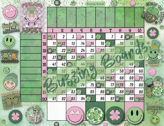 Feeling Lucky Bingo Board Grid, 10x10, 20 players, 2 PDF Files (Straight and Mixed), 11 x 8.5 inches, Landscape Printable, St. Patrick Theme