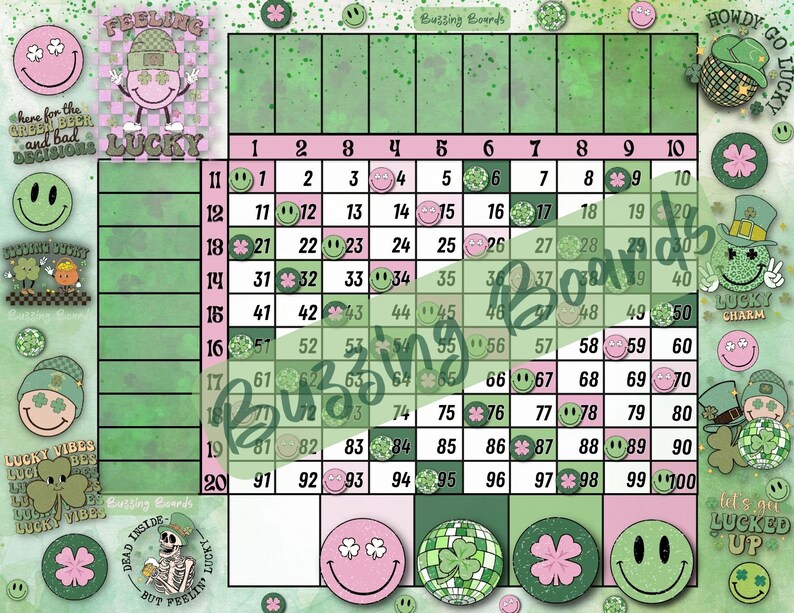 May include: A green and pink bingo card with a shamrock and smiley face design. The card has numbers 1-100 and the words "Buzzing Boards" at the top. The card is surrounded by green and pink shamrocks and smiley faces.