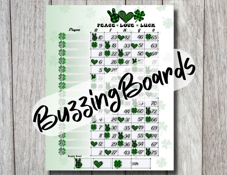 May include: A printable St. Patrick's Day bingo card with a green, white, and black plaid design. The card features a variety of symbols including shamrocks, peace signs, hearts, and bunnies. The text "Peace Love Luck" is at the top of the card.