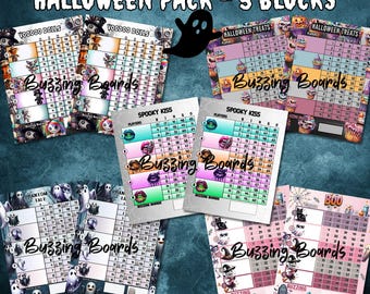 Paquete de tablero de bingo de bloques de Halloween: 5 jugadores (1 a 75 bolas), 5 archivos PDF (mixtos y simples por PDF), 8,5 x 11 pulgadas, imprimible, 5 tableros espeluznantes