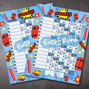 Dynamite Bingo Boards 2 fichiers PDF (droits et mixtes), 8,5 x 11 pouces, 15 lignes, 1 à 75 boules, imprimable