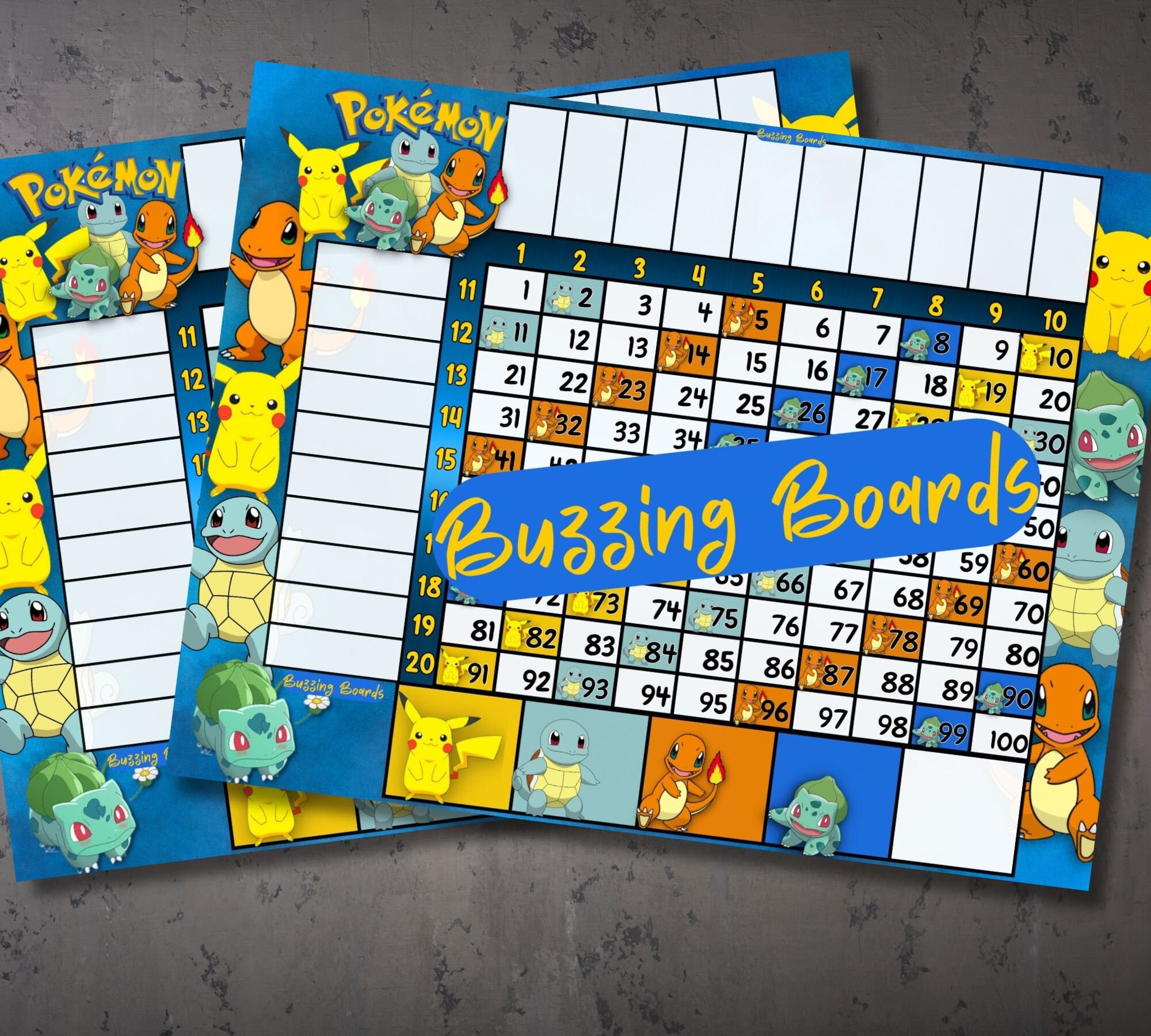 PokémonGrid Bingo Board, 10x10 Grid, 20 players, 2 PDF Files (Straight and Mixed), 11 x 8.5 inches, Landscape Printable, 100 Balls, Cute