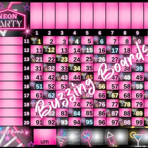 NEON PARTY Grid Bingo Board, 10x10, 20 joueurs, 100 boules, 2 fichiers PDF (droits et mixtes), 11 x 8,5 pouces, paysage imprimable, couleur