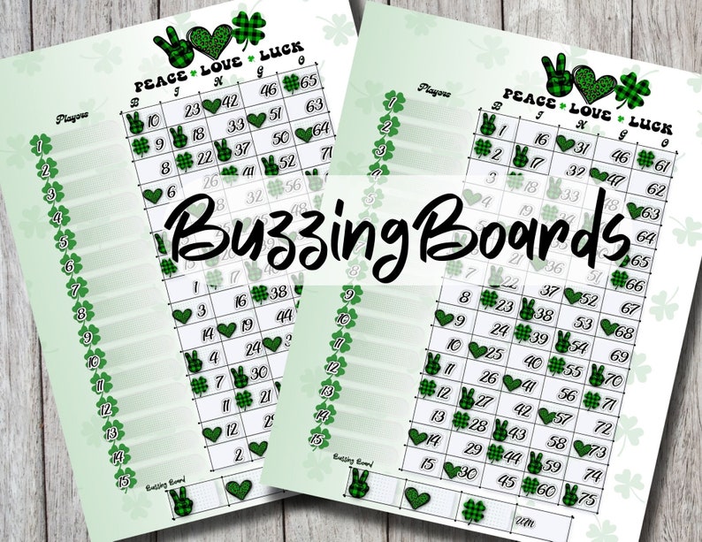 May include: Two green and white printable bingo cards with a St. Patrick's Day theme. The cards feature shamrocks, hearts, peace signs, and the text "Peace Love Luck".