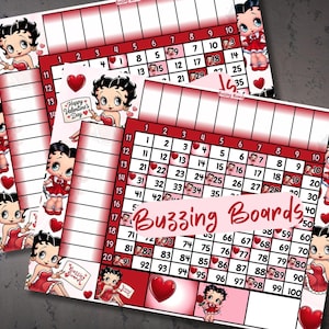 Grille de bingo pour la Saint-Valentin Betty Boop, plateau de bingo 10 x 10, 20 joueurs, 1 - 100 boules, 2 fichiers PDF, 27 x 23 cm, impression sur le thème de la Saint-Valentin