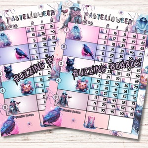 Pastel Halloween Blocks, Block Party Bingo Boards, 5 blocks, 5 player (straight and mixed) PDF File, 8.5 x 11 inches, Spooky Theme