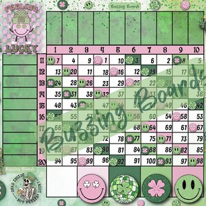 May include: A green and pink bingo card with a shamrock theme. The card has numbers 1 through 100 and is surrounded by shamrocks, smiley faces, and other St. Patrick's Day imagery. The text "Feeling Lucky" and "Howdy Go Lucky" are at the top of the card.