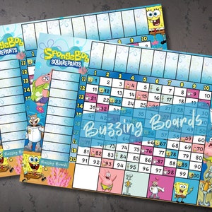 Planche de bingo SpongeBobGrid, grille 10 x 10, 20 joueurs, 2 fichiers PDF (droits et mixtes), 23 x 23 cm, paysage imprimable, jeu de 100 balles