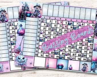 Cuadrícula de tablero de bingo Pastel Witch, cuadrícula de 10x10, 20 jugadores, 2 archivos PDF (directos y mixtos), 11 x 8,5 pulgadas, paisaje imprimible, Halloween