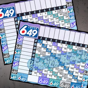 May include: Two purple and blue bingo cards with the numbers 1 to 100. The cards have the text "LOTTO 649" printed on them.