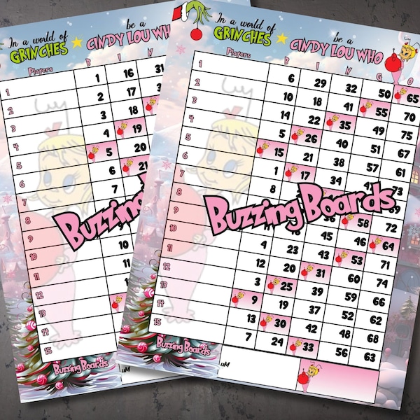 Cindy Lou Bingo Boards 2 PDF's (straight and mixed) , 8.5 x 11 inches, 15 Lines, 1 to 75 balls, Printable, Xmas Bingo, Cute Christmas theme