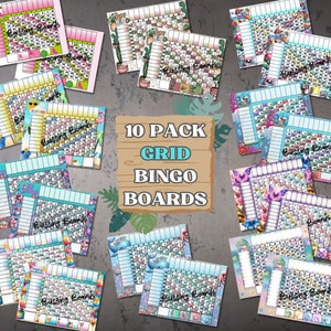 Lot de 10 planches de bingo GRID, 20 joueurs (droits et mixtes), fichier PDF, 8,5 x 11 pouces, couleur, thème estival, 1 à 100 boules, lot GRID