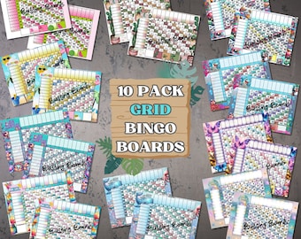 Ten Pack GRID Bingo Boards, 20 players (straight and mixed) PDF File, 8.5 x 11 inches, Full Color, Summer Theme, 1 to 100 Balls, GRID Bundle
