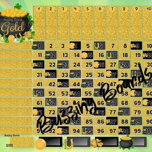 May include: A St. Patrick's Day themed betting board in gold and green. The board has a grid of numbers, a pot of gold, shamrocks, and horseshoes. Text on the board reads "Pot of Gold" and "Busting Boards".