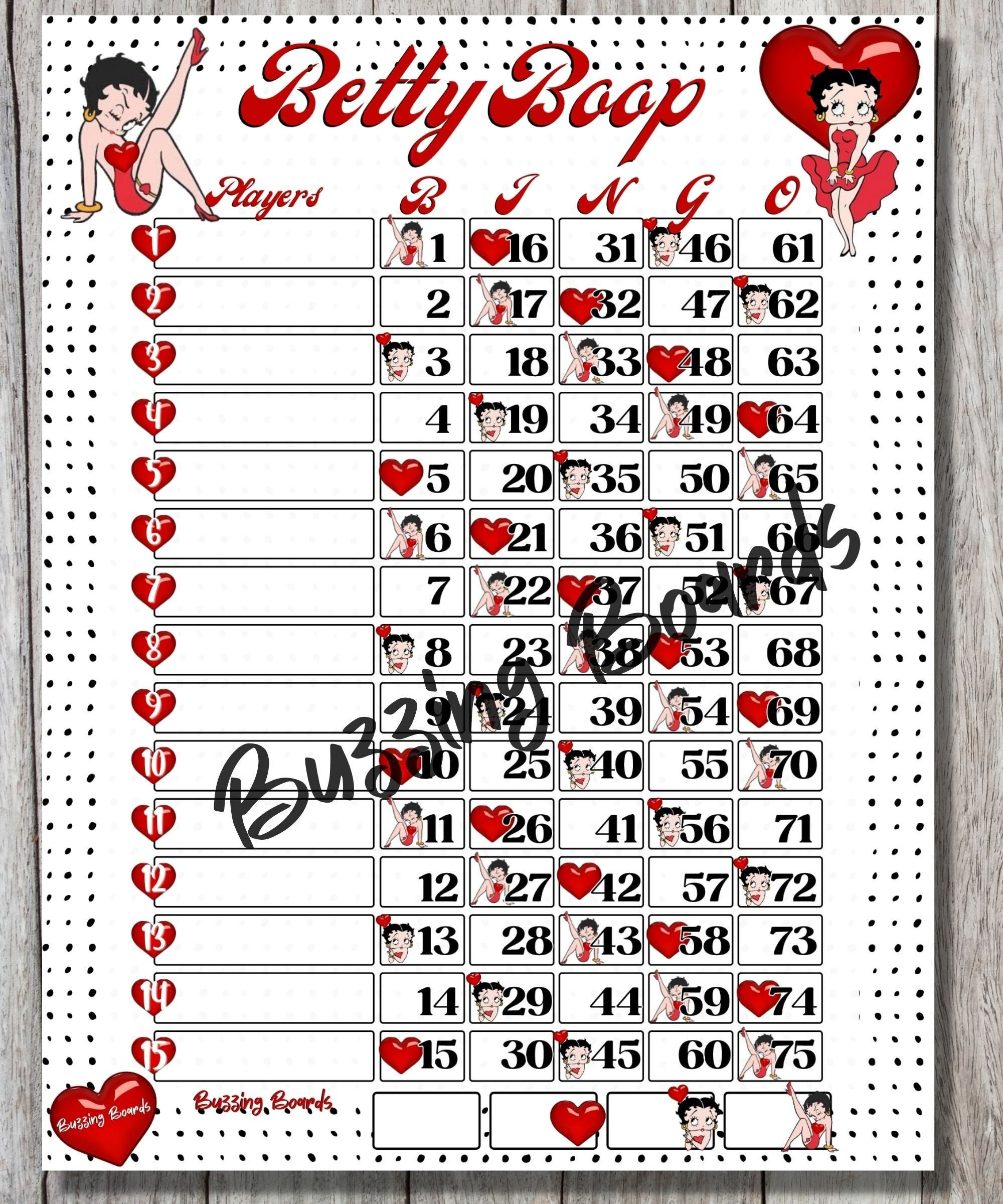BettyBoop Bingo Boards 2 PDF's (straight and mixed) , 8.5 x 11 inches, 15 Lines, 1 to 75 balls, Printable