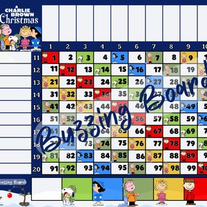 Tableau de bingo de Noël Charlie Brown, Grille, 10x10, 20 joueurs, 2 fichiers PDF (Straight et Mixed), 11 x 8,5 pouces, Paysage, Thème de Noël