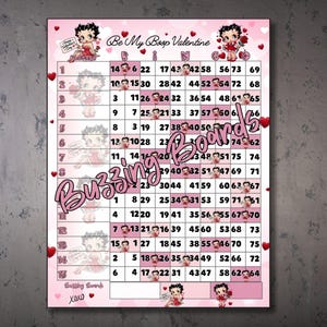 Be My Boop Valentine dubbel bingobord, Betty Boop-bingoblad, Double Action, downloadbare dubbele bingokaart, 15 regels, 15 spelers, bal 75