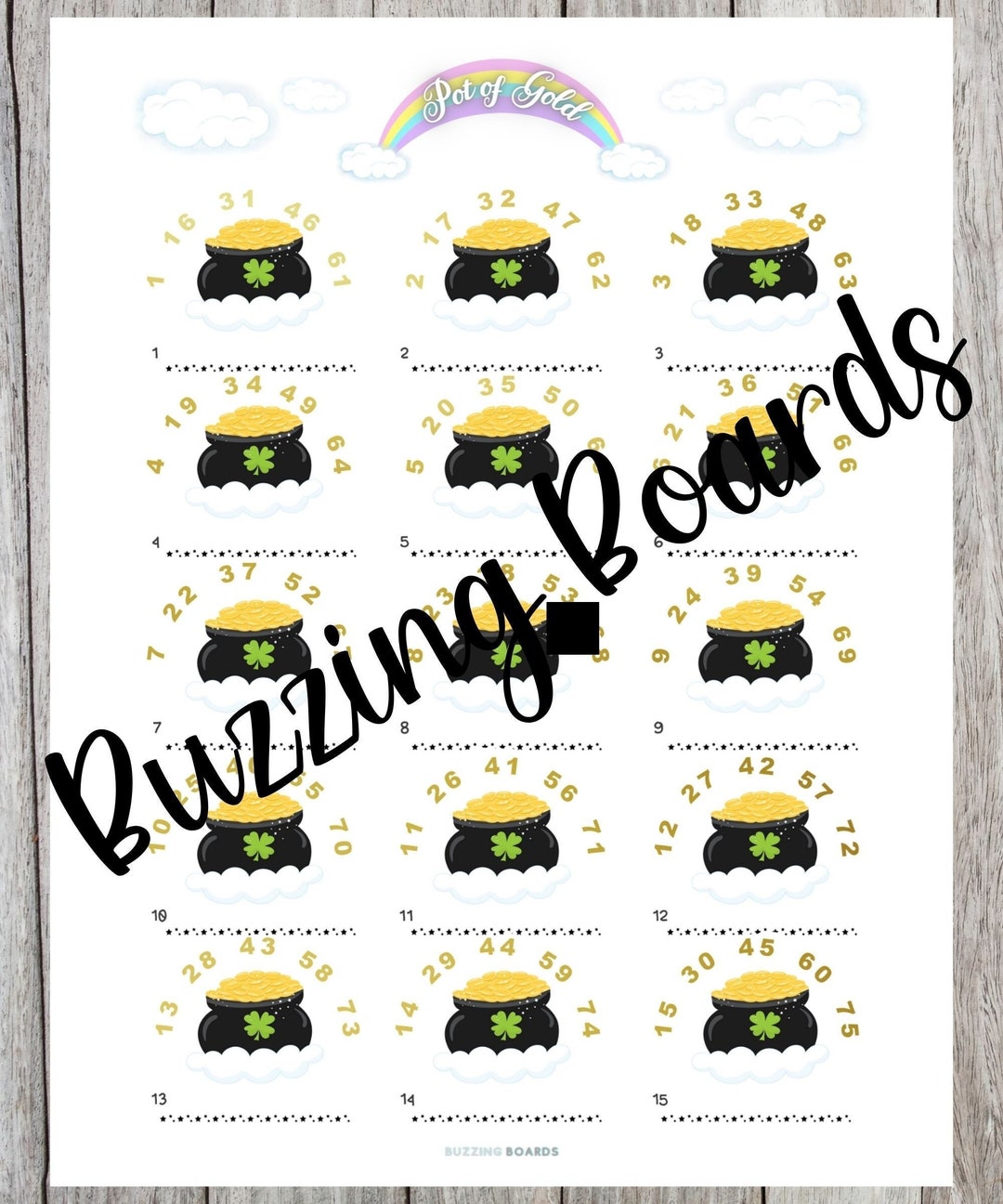 Pot of Gold Bingo Board 15 Lines 175 Balls 2 Pdf's straight and Mixed