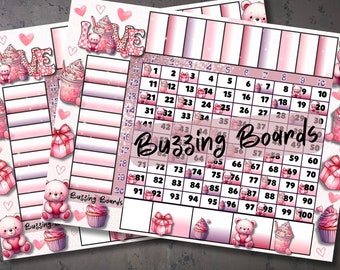 Love Bear Bingo Grid, 10x10 Grid, 20 players, 2 PDF Files (Straight and Mixed), 11 x 8.5 inches, Landscape Printable, Cute Valentines Theme