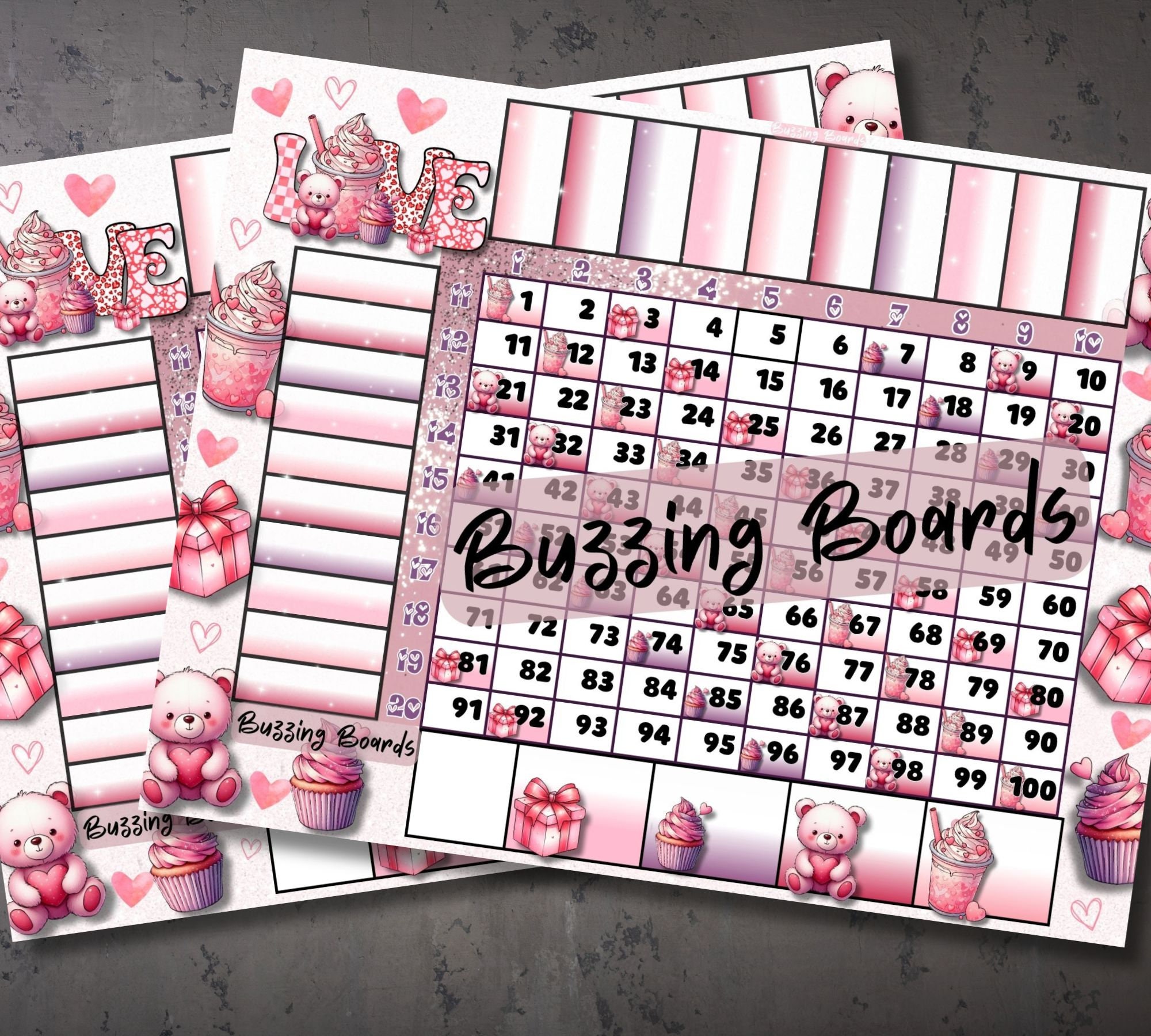 Love Bear Bingo Grid, 10x10 Grid, 20 players, 2 PDF Files (Straight and Mixed), 11 x 8.5 inches, Landscape Printable, Cute Valentines Theme