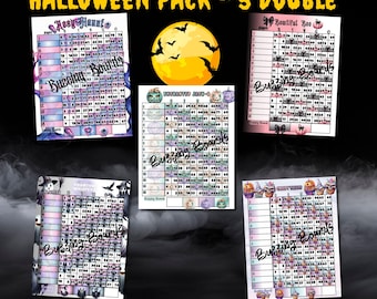 Paquete de cinco tableros de bingo de Halloween: 5 acciones dobles (1 a 75 bolas), 5 archivos PDF (doble doble), 8,5 x 11 pulgadas, imprimibles, 5 tarjetas de bingo espeluznantes
