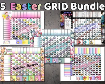 5 Easter Bingo Grids, 10x10 Grid, 20 players, 10 PDF Files (Straight and Mixed), 11 x 8.5 inches, Landscape Printable, Cute Easter Theme