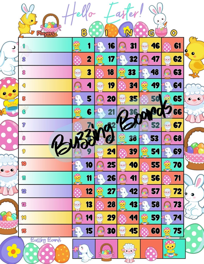 Five Easter Bingo Board Bundle 15 Lines 1-75 Balls 10 PDF mixed and straight 8.5 x 11 inches, Printable, Cute Easter Eggs Theme image 6