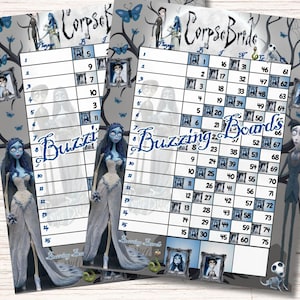 BrideCorpse Bingo Board, Spooky Theme, 2 PDFs (straight and mixed) , 8.5 x 11 inches, 15 Lines, 1 to 75 balls, 15 Player, Printable