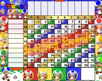Tablero de bingo ToadsBingo, cuadrícula de 10 x 10, 20 jugadores, 2 archivos PDF (rectos y mixtos), 11 x 8,5 pulgadas, imprimible en horizontal, a todo color