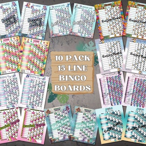 Paquete de 10 tableros de bingo de 15 LÍNEAS, archivo PDF para 5 jugadores (directos y mixtos), 8,5 x 11 pulgadas, a todo color, tema de verano, paquete de bingo de 1 a 75 bolas