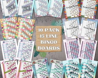 10 Pack 15 LINE Bingo Boards, 5 player (Straight and Mixed) PDF File, 8.5 x 11 Inches, Full Color, Summer Theme, 1 to 75 Ball Bingo Bundle