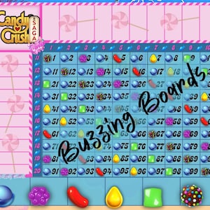 Puede incluir: Un tablero de juego de Candy Crush Saga con un fondo azul y una cuadrícula de 20 filas y 10 columnas. Cada cuadrado contiene un caramelo de un color diferente. El tablero está etiquetado como "Buzzing Boards".
