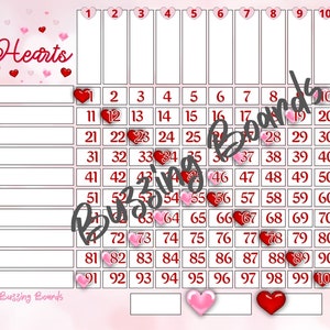 2 Hearts Bingo Board, 10x10 Grid, 20 players, 1 - 100 Balls, 1 PDF File, 11 x 8.5 pouces, Landscape Printable, Full Color, Valentines Day