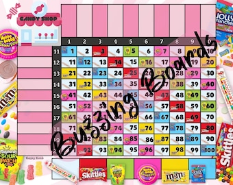 Tablero de bingo Candy Shop, cuadrícula de 10x10, 20 jugadores, 2 archivos PDF (directos y mixtos), 11 x 8,5 pulgadas, imprimible en horizontal, a todo color