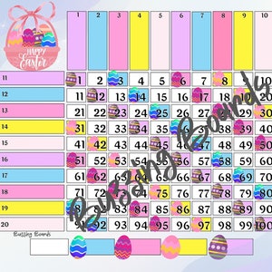 Joyeuses Pâques grille 10x10, plateau de bingo, 20 joueurs, 1 fichier PDF, 11 x 8,5 pouces, paysage imprimable, couleur, thème de l'oeuf de Pâques