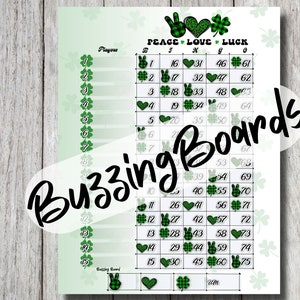 May include: A printable bingo card with a green, white, and black plaid design. The card has the words "Peace Love Luck" at the top and numbers 1-75 in a grid. The card is designed for a game of bingo.