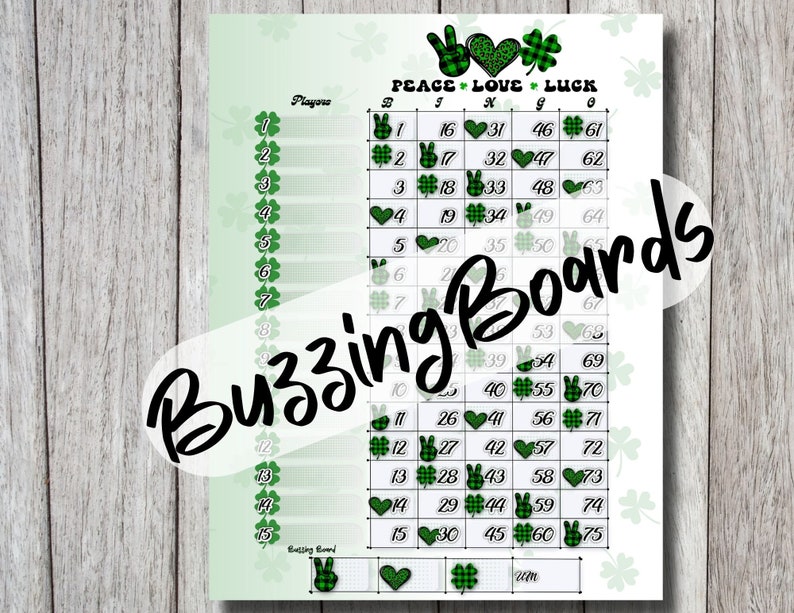 May include: A printable bingo card with a green, white, and black plaid design. The card has the words "Peace Love Luck" at the top and numbers 1-75 in a grid. The card is designed for a game of bingo.