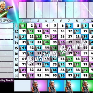 AHSOKA  Grid Bingo Board, 10x10, 20 players, 1 to 100 balls, 2 PDF Files (Straight and Mixed), 11 x 8.5 inches, Landscape Printable
