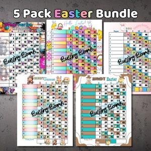 Five Easter Bingo Board Bundle 15 Lines 1-75 Balls 10 PDF mixed and straight 8.5 x 11 inches, Printable, Cute Easter Eggs Theme image 1