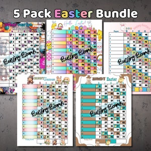 Lot de cinq planches de bingo pour Pâques - 15 lignes (1-75 boules) 10 fichiers PDF (mixtes et droits) 8,5 x 11 pouces, imprimable, thème mignons oeufs de Pâques