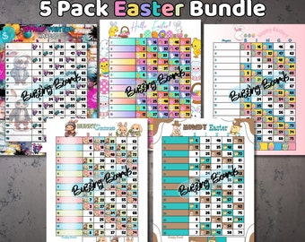 Five Easter Bingo Board Bundle - 15 Lines (1-75 Balls) 10 PDF (mixed and straight) 8.5 x 11 inches, Printable, Cute Easter Eggs Theme