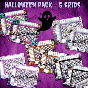 May include: Five printable Halloween themed bingo cards with a purple background. Each card has a different design with various Halloween imagery, including ghosts, pumpkins, spiders, and bats. The cards are labelled "Buzzing Boards".